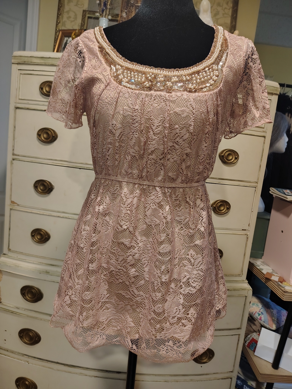 Studio Y Pink Lace Pearl-Trim Tunic